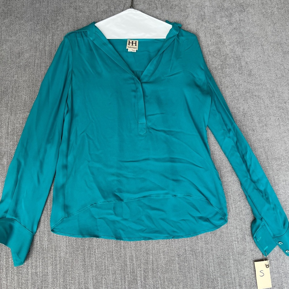 Haute Hippie Blouse Top Womens Small Blue Silk Long Sleeve V-Neck Gathered Back